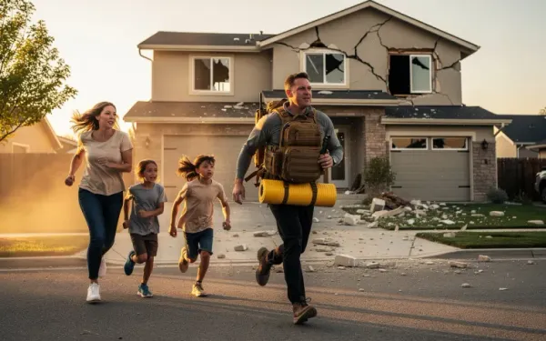 Mann mit dem Notfallrucksack, Frau und 2 Kinder rennen von ihrem durch den Erdbeben zerstörten Haus weg